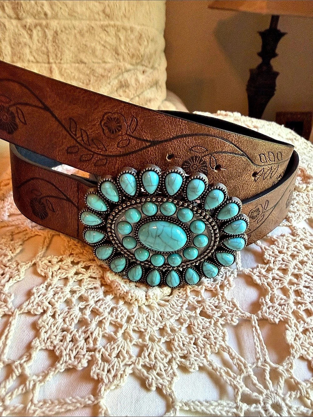 Tooled Turquoise Buckle Belt in Brown